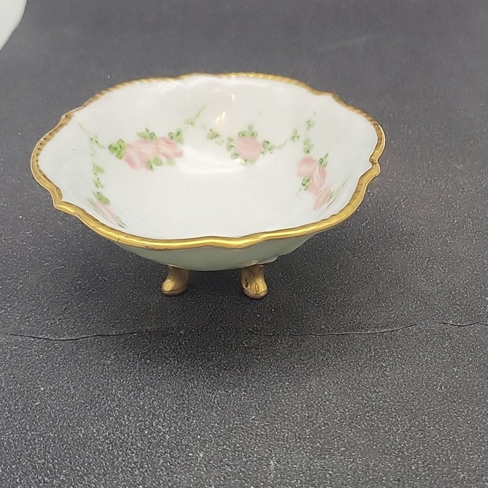 Pink Rose Green Footed Trinket Bowl with Gold Trim Jewelry Flowers Vintage